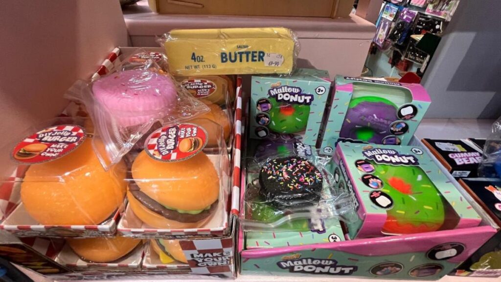 shelf of various squishies